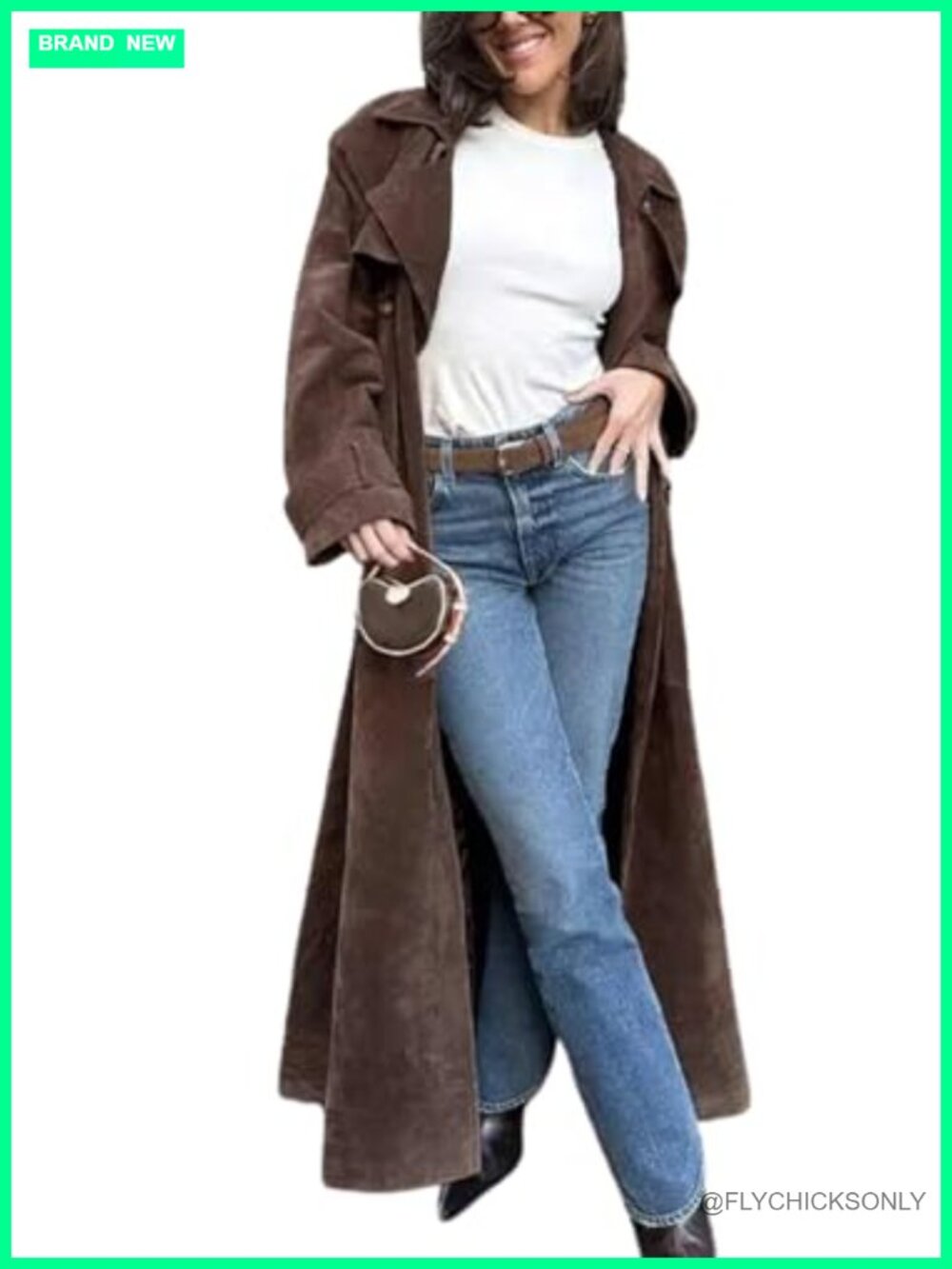 Faux Suede Long Trench Coat Notched Lapel Double Breasted Pea Coat Belted